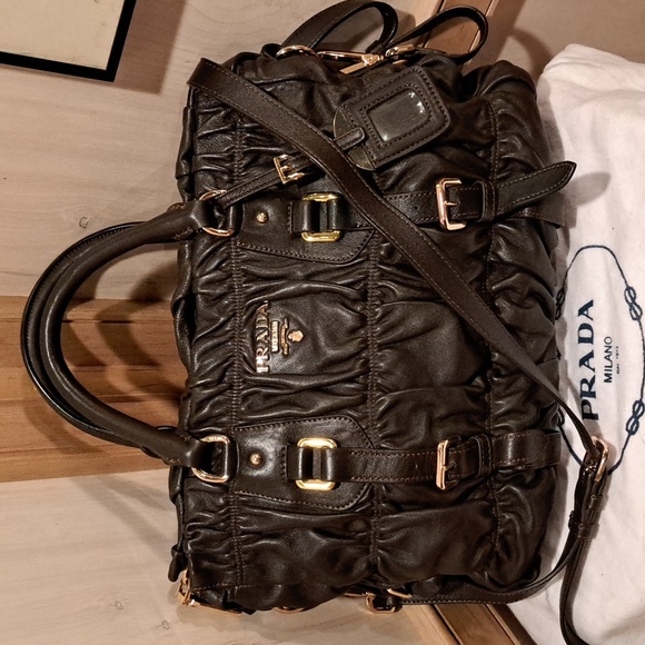 Prada matelasse nappa gaufre brown lambskin satchel bag - Picture 1 of 16